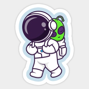 Cute Astronaut Bring Baby Alien Cartoon Sticker